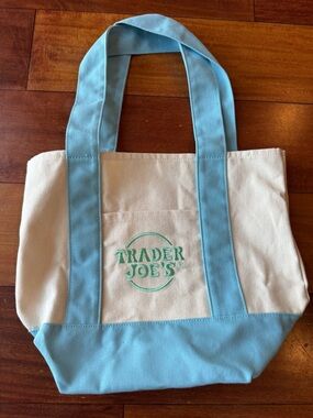Trader Joe's Limited Edition Canvas Tote in Pastel Light Blue Trim